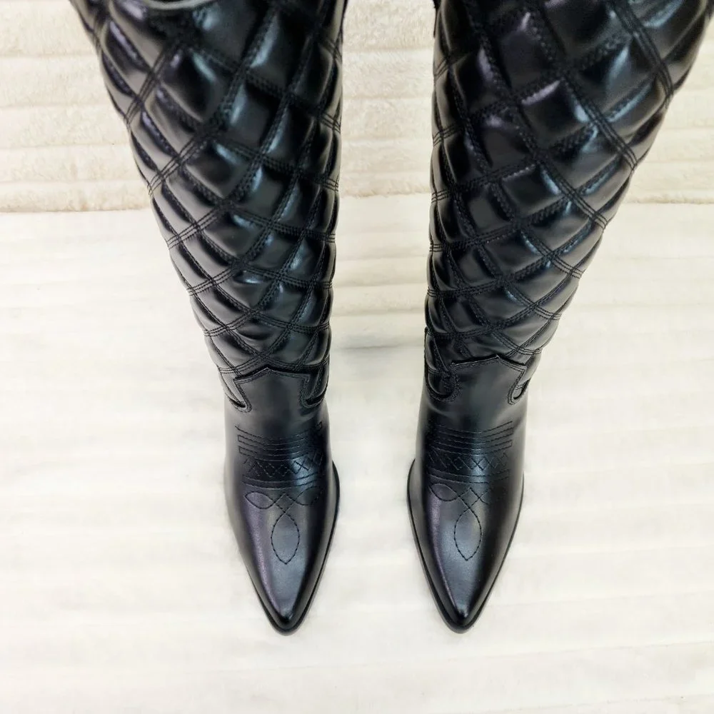 Bells Quilted Faux Leather Western Mid Calf Cowgirl Boots Black_5